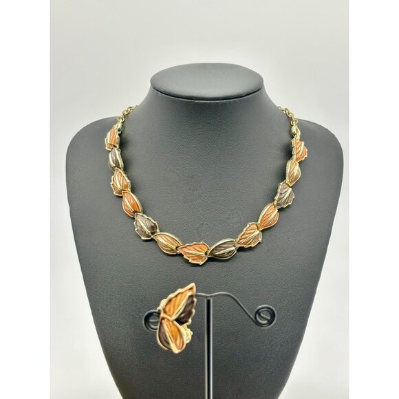 Vintage Enameled Textured Gold Tone Connected Leaves Necklace W Matching Earring - Picture 2 of 12